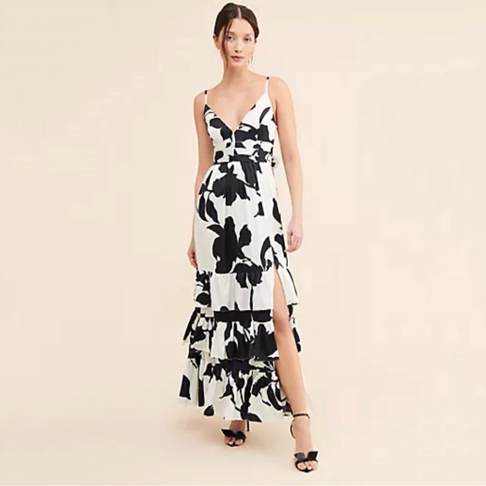 Anthropologie Hutch Guthrie Floral Satin Ruffle Hem Maxi Dress Black White 0